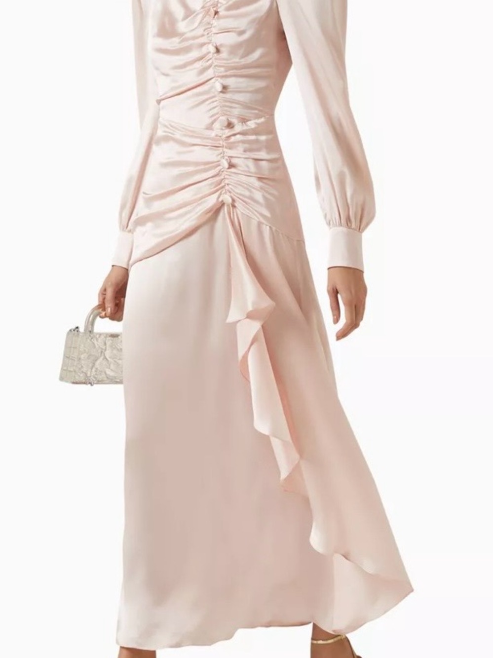 Alessandra Rich Blush Pink Satin Ruched Maxi Dress